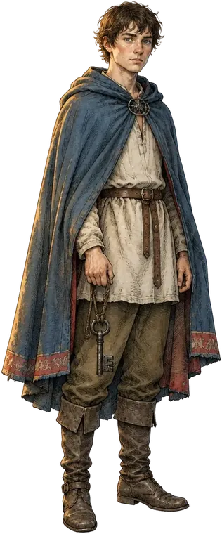 Florian Merriwether dengan jubah biru usang memegang kunci gerbang besi.