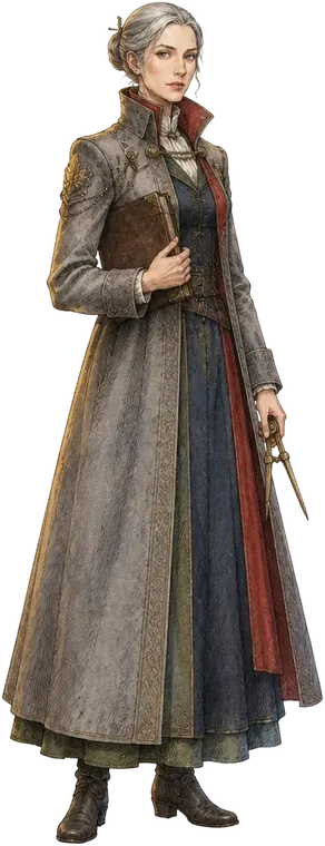 Lady Cressida Hoskyn, bangsawan tinggi kurus bermantel kelabu berkerah tinggi dengan buku catatan dan jangka peta kuningan, berdiri di ambang pintu perpustakaan.