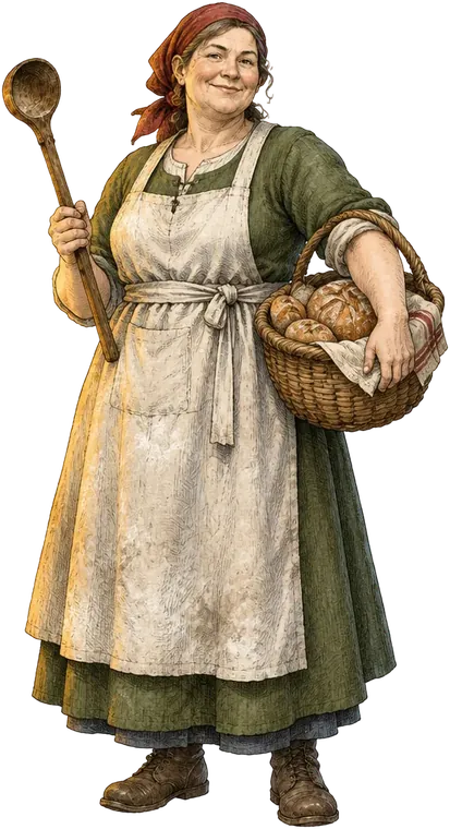 Euphemia Grisholm, juru masak bertubuh lebar dengan celemek bertepung, sendok kayu, dan keranjang roti, berdiri di ambang pintu dapur.
